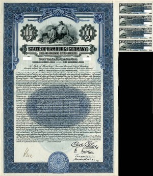 State of Hamburg (Germany) 6% 1926 $1,000 Bond (Uncanceled)